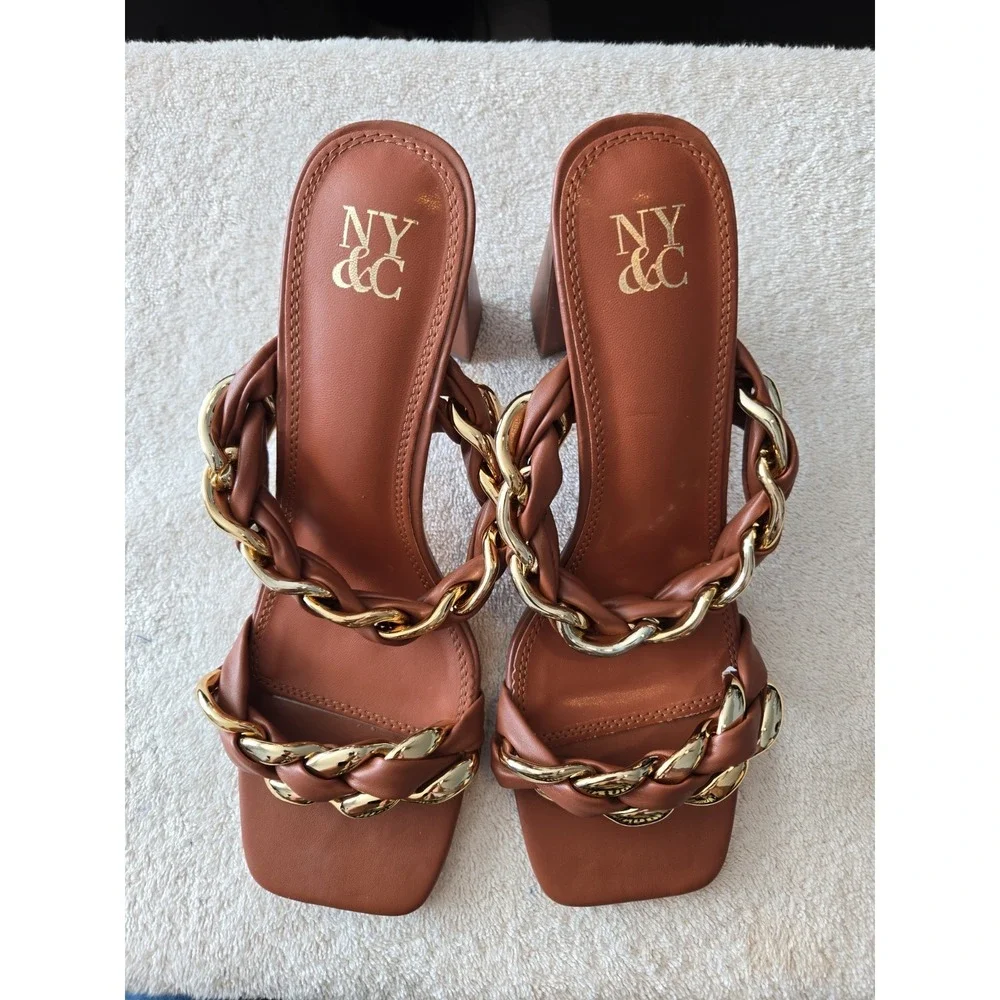 New York & Co cognac woven gold chain block‎ heel sandals Size 9